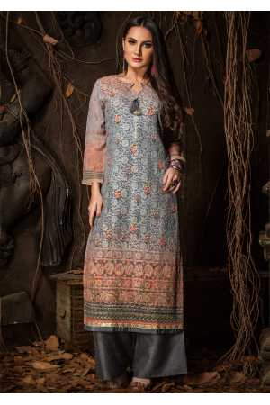 Grey Color Designer Georgette Straight Cut Kurti